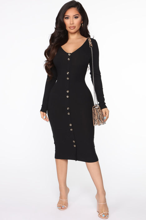 Pushing My Buttons Ribbed Midi Dress ...